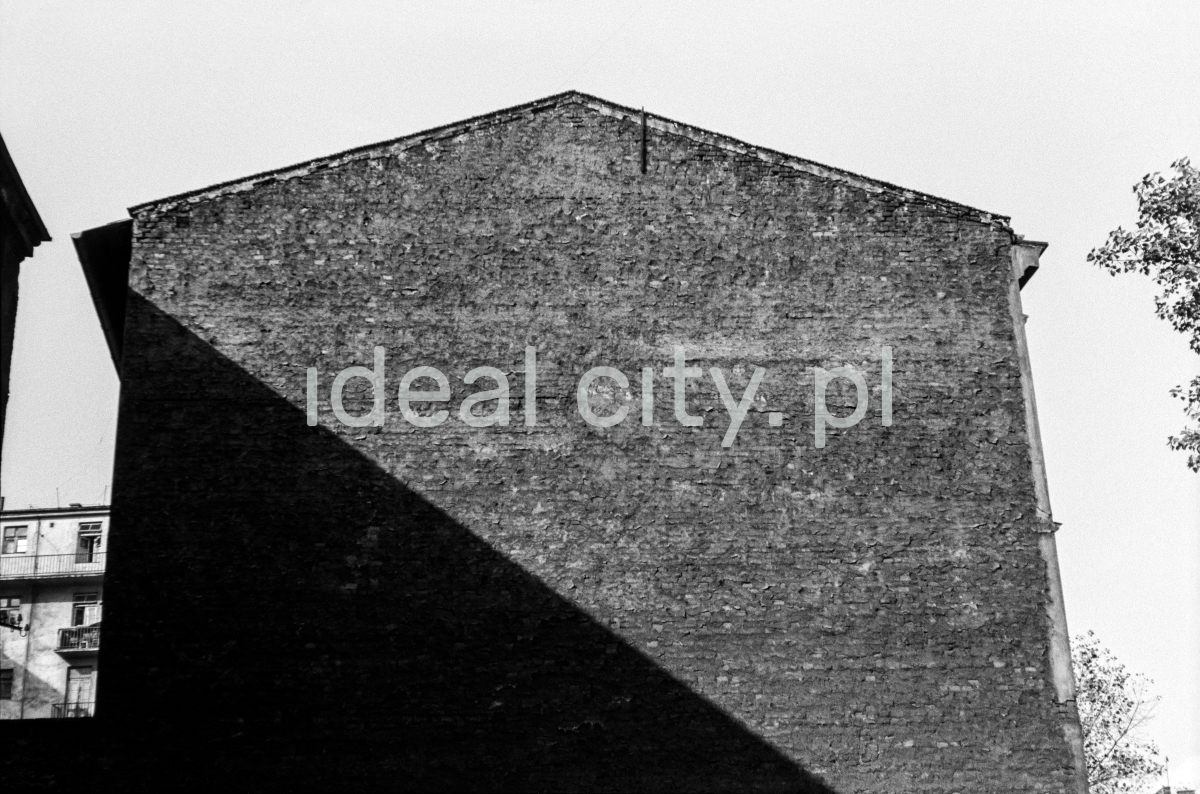 A view of the brick wall of the building, cut across by the shadow from the neighboring building.