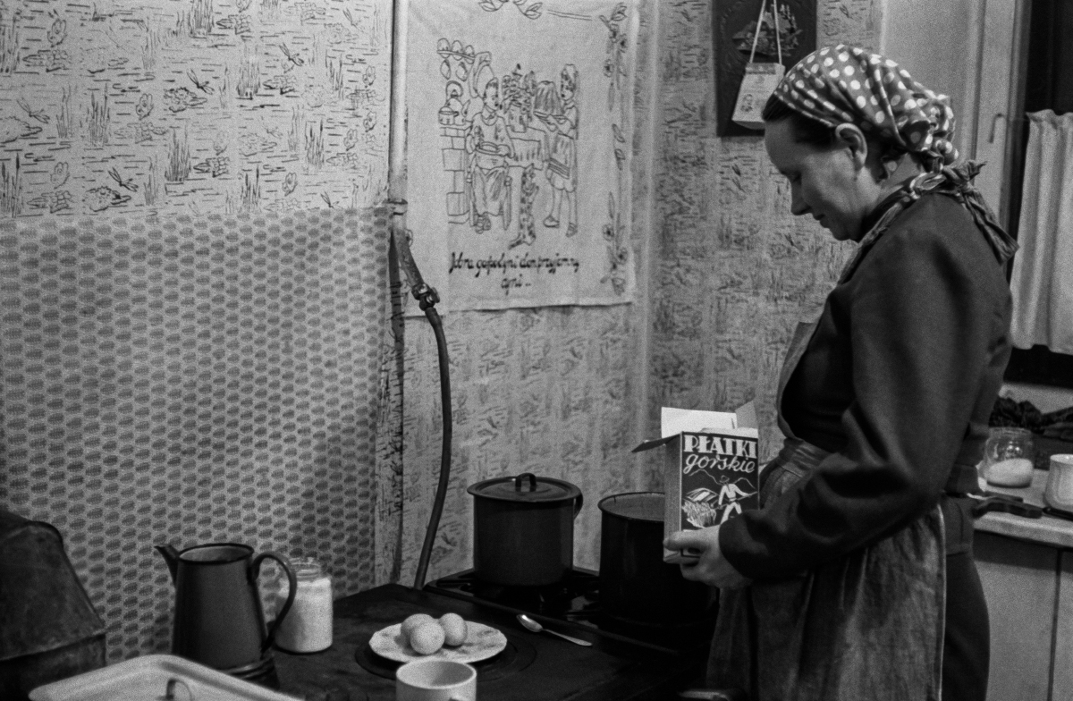 A woman with a scarf on her head and a kitchen apron looks after a meal that is cooking on the stove.
