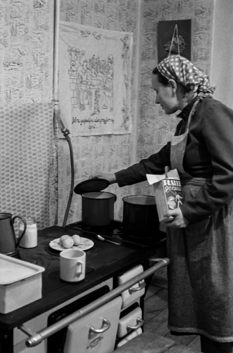 A woman with a scarf on her head and a kitchen apron looks after a meal that is cooking on the stove.