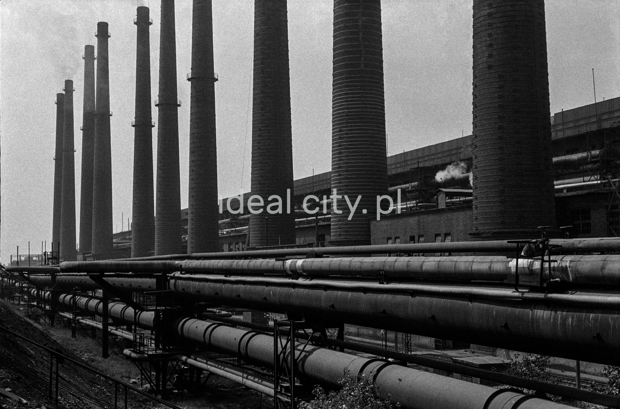 A shot of a series of successive high chimneys. On the right, a factory hall.
