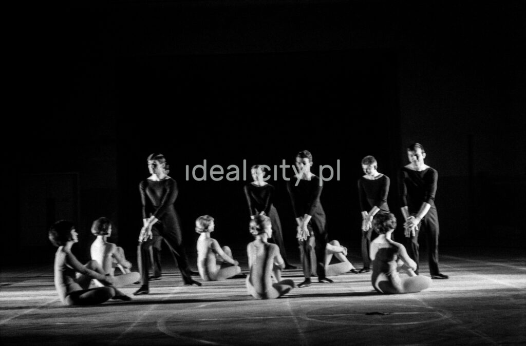 A group of dancers in tight-fitting costumes perform a collective figure on stage with a black background.