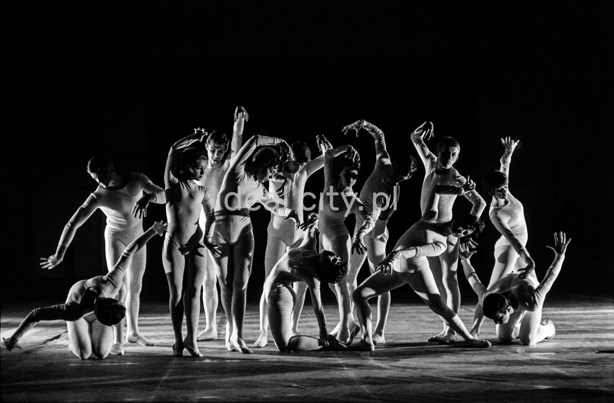 A group of dancers in tight-fitting costumes perform a collective figure on stage with a black background.