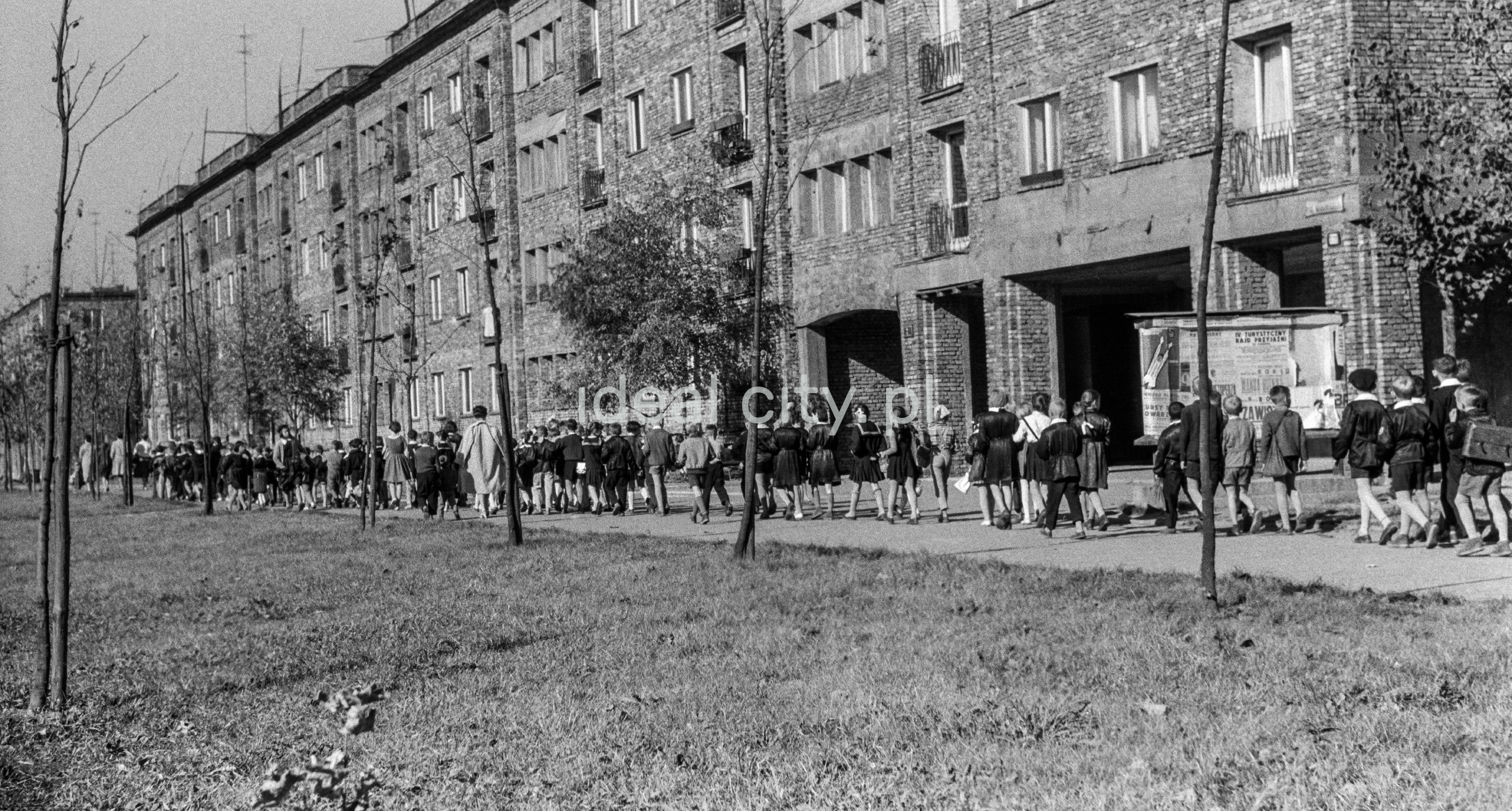 Wzdłuż chodnika przy bloku mieszkalnym w szeregu maszeruje wycieczka szkolna.