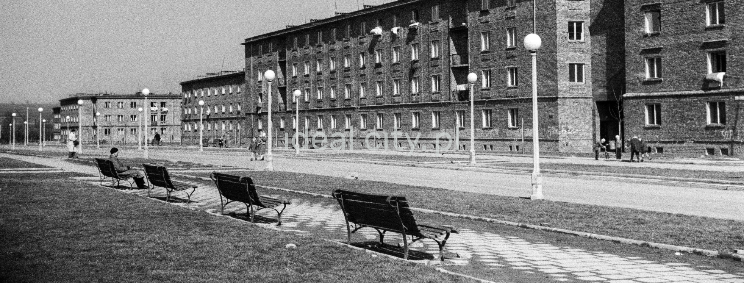 Row of benches along the pedestrian passage by the strett, block of flats in the background.