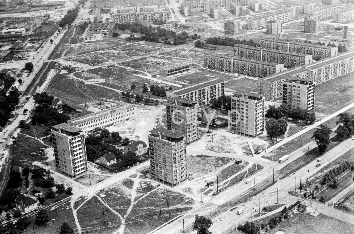 A bird's-eye view of five high-rise buildings, a perspective of the lower blocks behind them, and the paths trampled by residents connecting the buildings with each other.