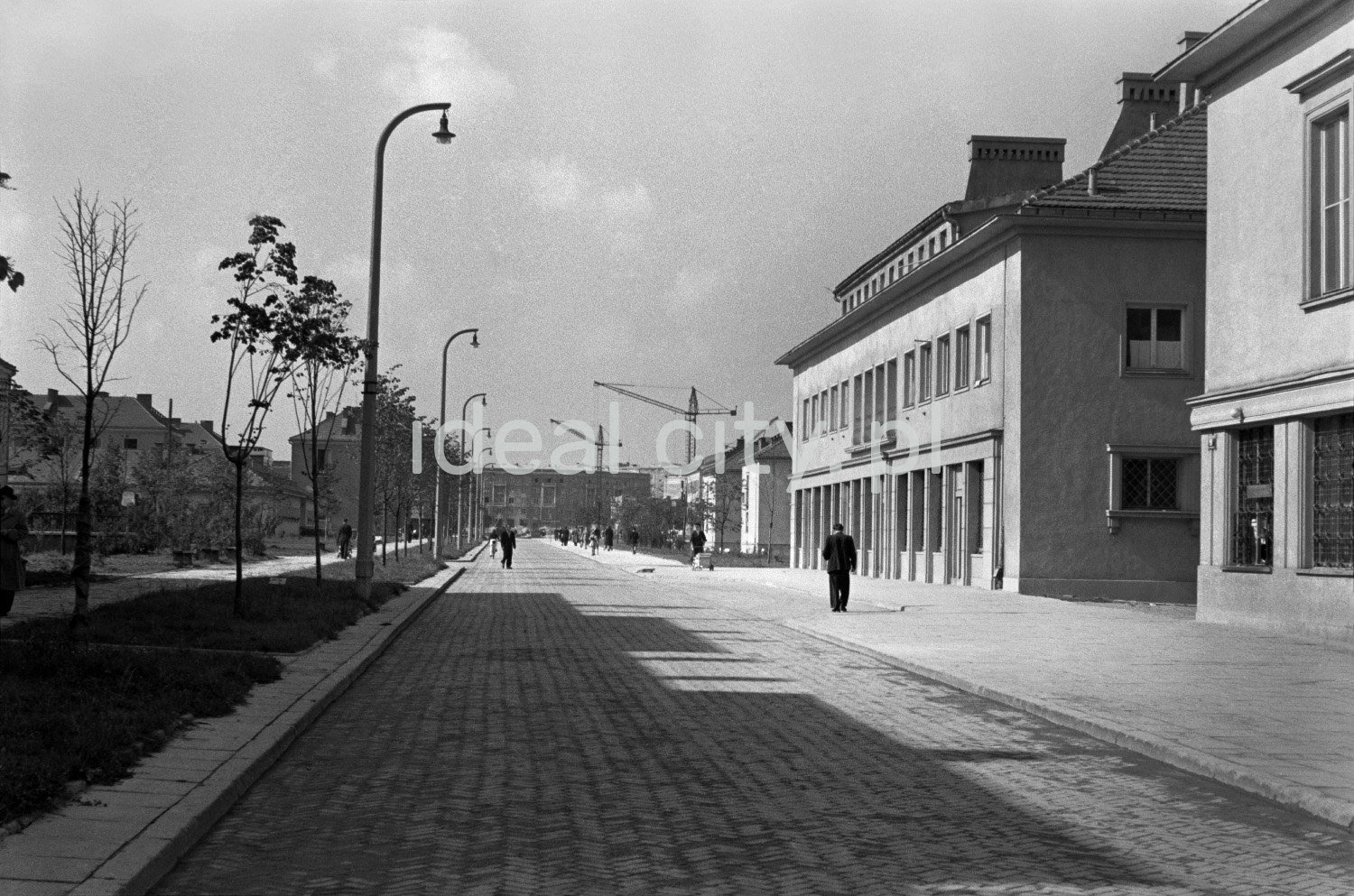 A view of a wide street on which a few people are walking, low buildings on the right, a string of street lamps on the left, construction cranes in the background.