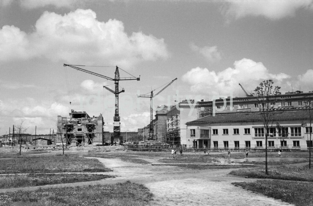 A view of a wide pavement, low residential buildings and construction cranes in perspective.