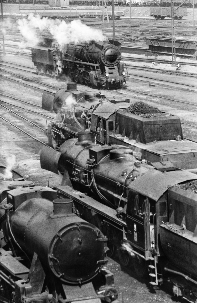 Top view of a series of transport steam locomotives.