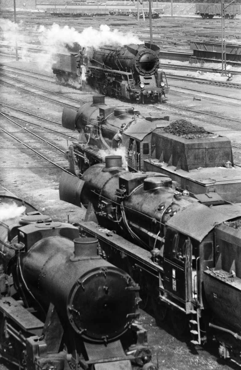 Top view of a series of transport steam locomotives.
