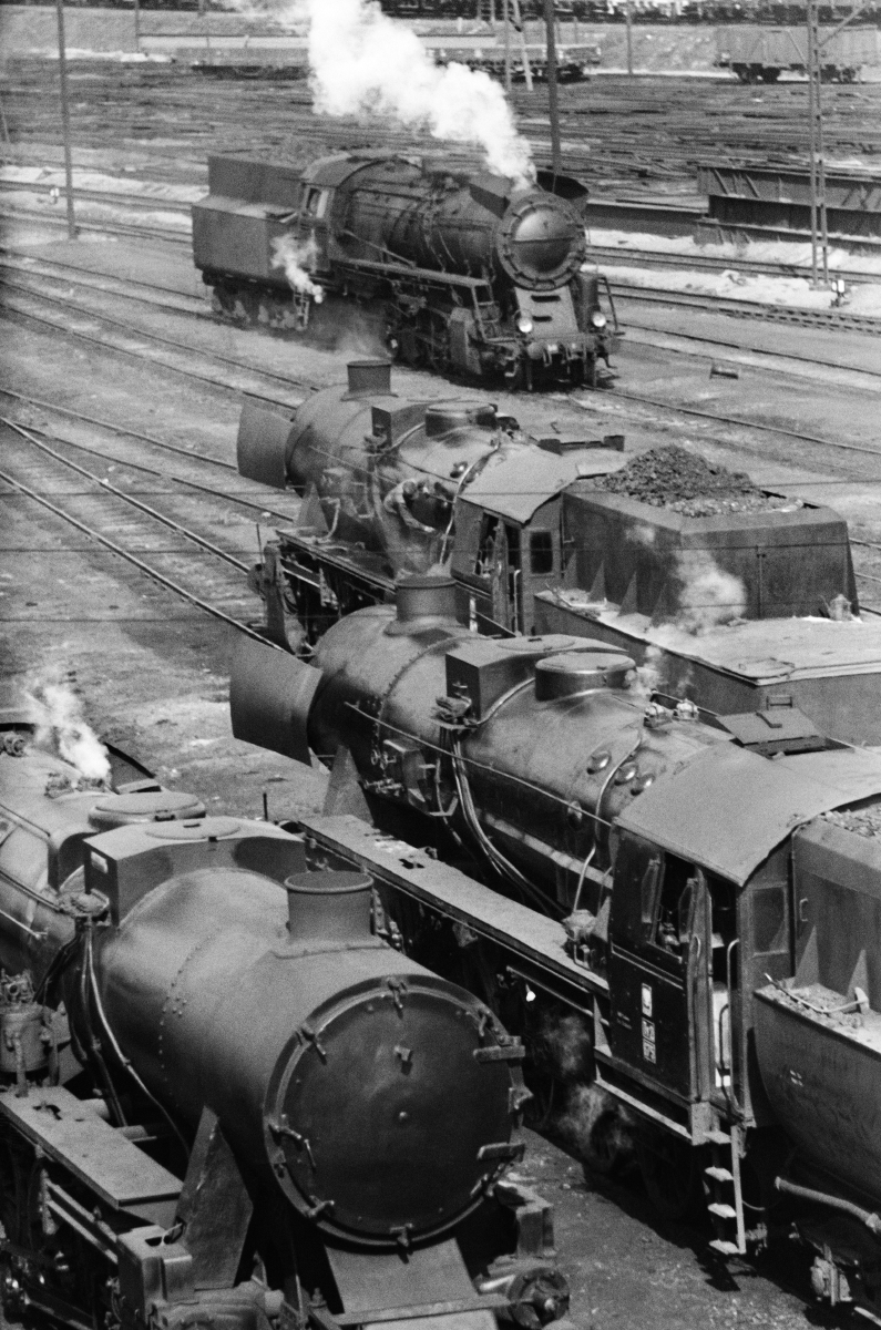 Top view of a series of transport steam locomotives.