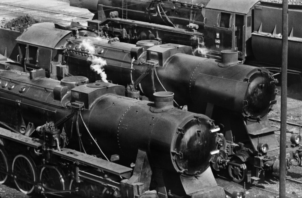 Top view of a series of transport steam locomotives.