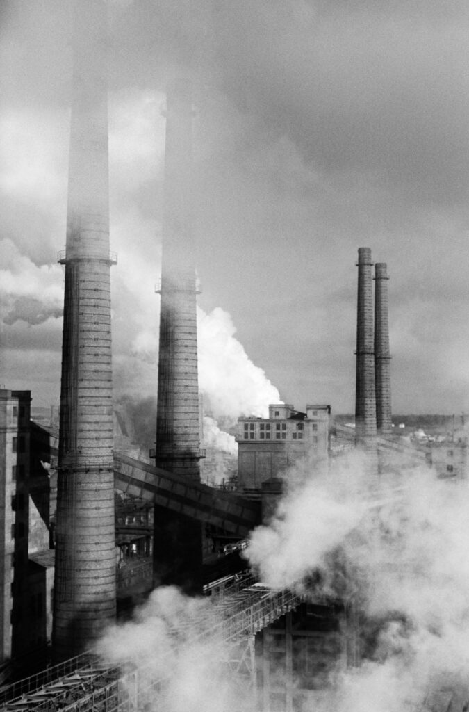 View of the plant's smokestack chimneys.