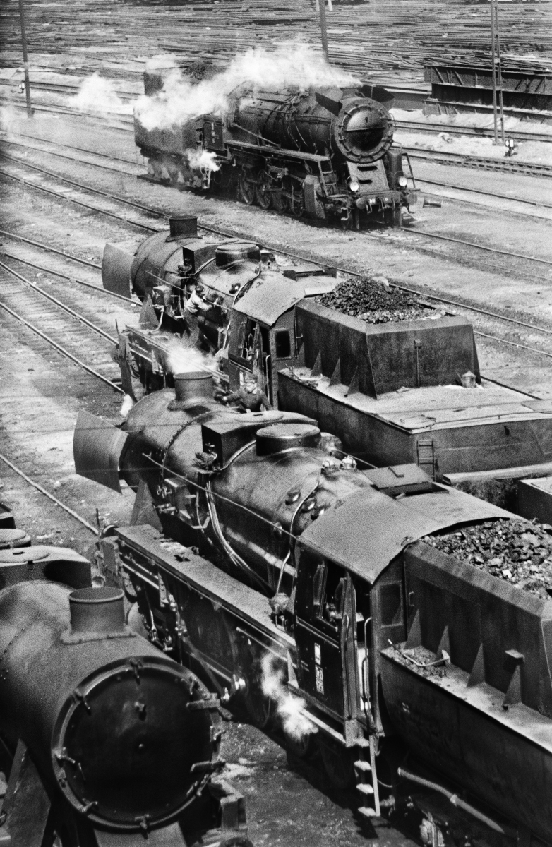 Top view of a series of transport steam locomotives.