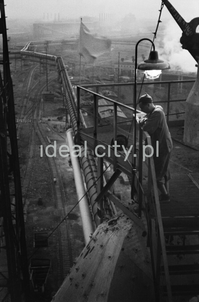 The man looks down from the high-level steel landing at the perspective of the plant.