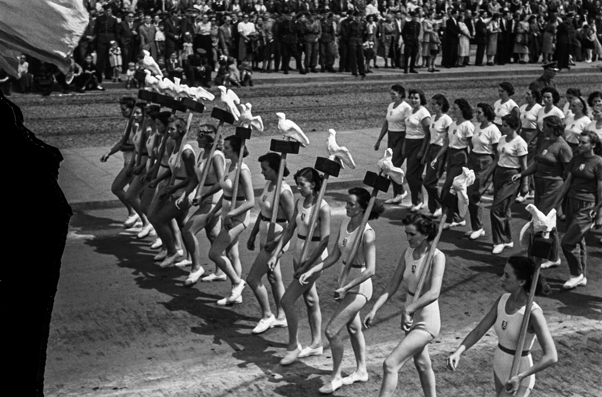 A shot from the dais at gymnasts marching in sports clothes.