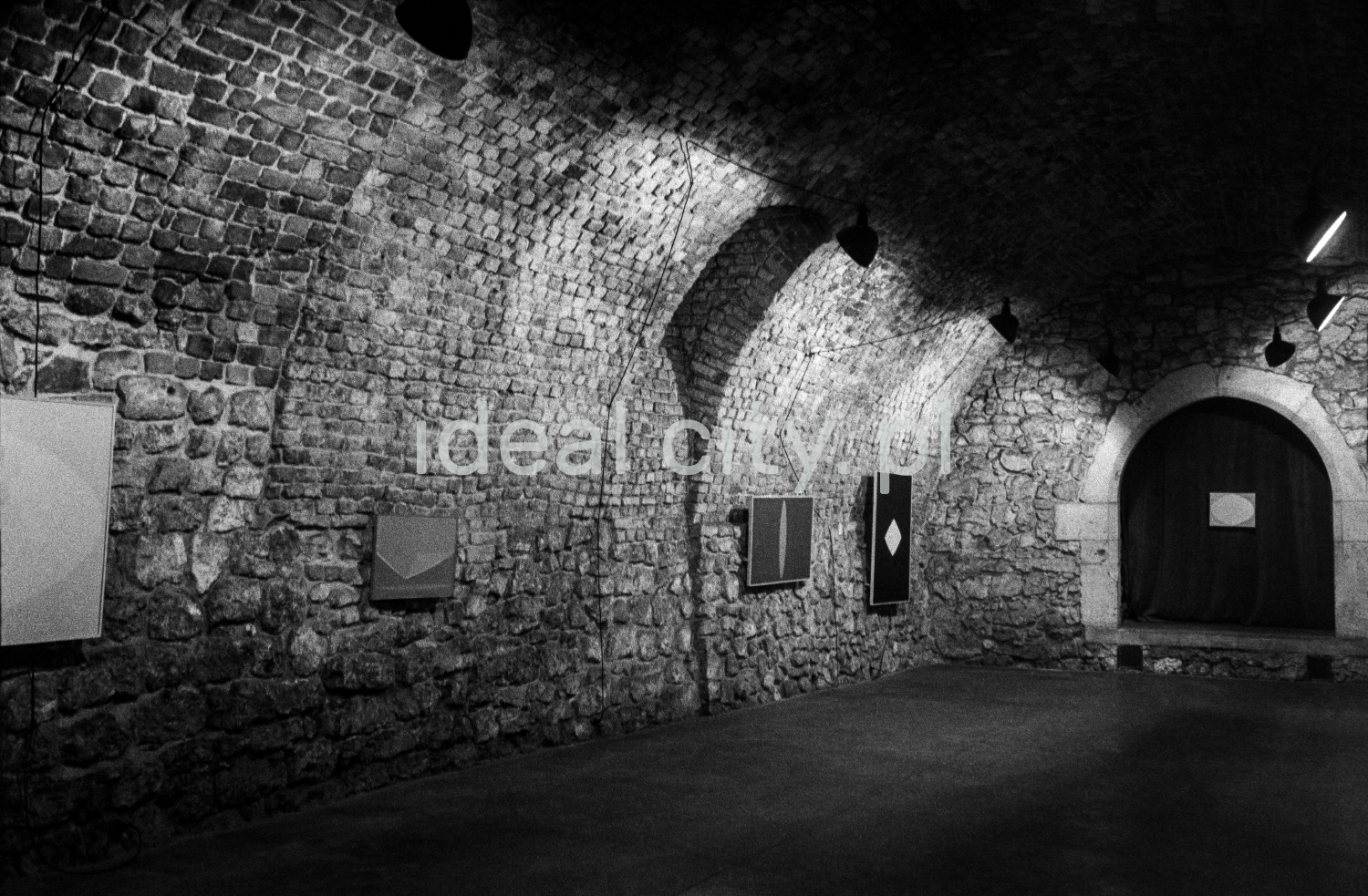 A view of a brick cellar with a semicircular vault, paintings on the walls illuminated by halogens.