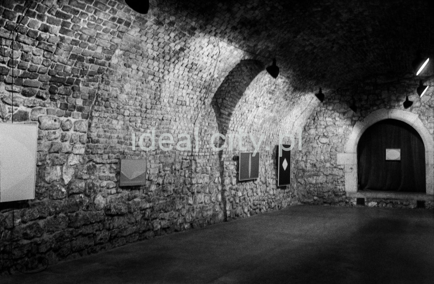 A view of a brick cellar with a semicircular vault, paintings on the walls illuminated by halogens.