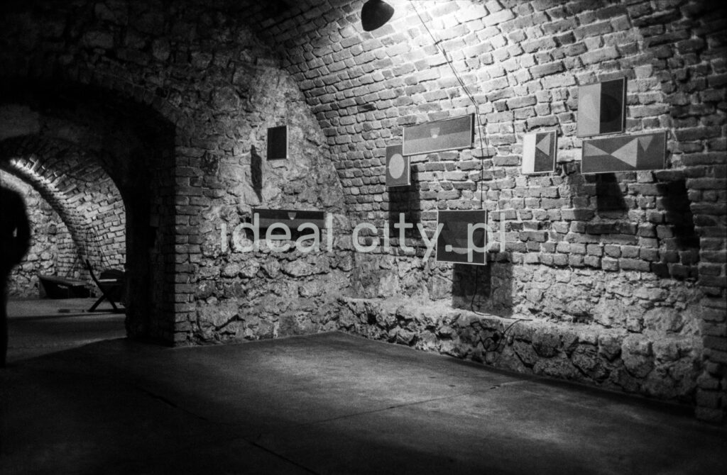 A view of a brick cellar with a semicircular vault, paintings on the walls illuminated by halogens.
