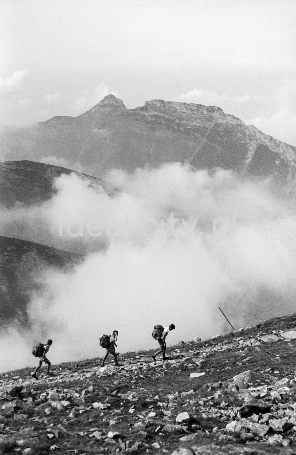 Tourists with backpacks are walking along the rocky trail, with the perspective of the Tatra peaks in the background.