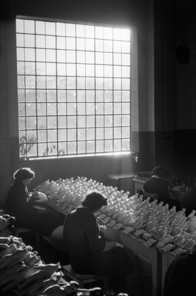 Women workers assembling doll's bodies inside production hall.