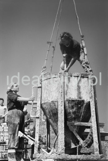 Dwie kobiety robotnice przy wylewaniu betonu z pojemnika do pasa transmisyjnego na budowie jednego z nowohuckich domów mieszkalnych, osiedle A-11 (Stalowe), lata 50.

fot. Wiktor Pental/idealcity.pl

