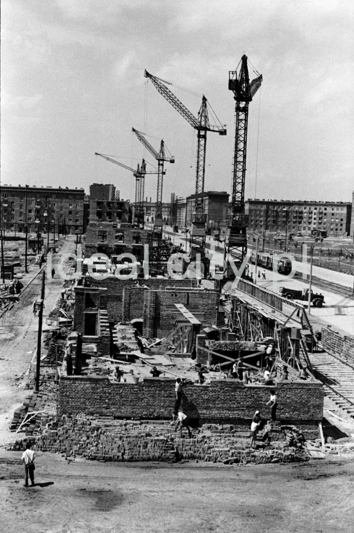 Construction of the Hutnicze (ahead), and Centrum B (on the right) Estates. First half of the 1950s.

Budowa Osiedla Hutniczego (na wprost), oraz Centrum B (po prawej). Pierwsza połowa lat 50. XX w.

Photo by Wiktor Pental/idealcity.pl

