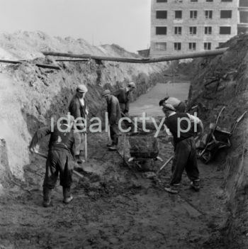 Grupa robotników przy pracach ziemnych na placu budowy w Nowej Hucie, lata 50.

fot. Wiktor Pental/idealcity.pl