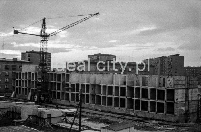 Construction of residential buildings, the first built of panels in the Domino 60 technology on the Centrum D Estate, designed by Stefan Golonka. 1950s.

Budowa domów mieszkalnych, pierwszych w systemie wielkopłytowym, w technologii Domino 60 na osiedlu Centrum D, proj. Stefan Golonka, lata 50. XX w.

Photo by Henryk Makarewicz/idealcity.pl

