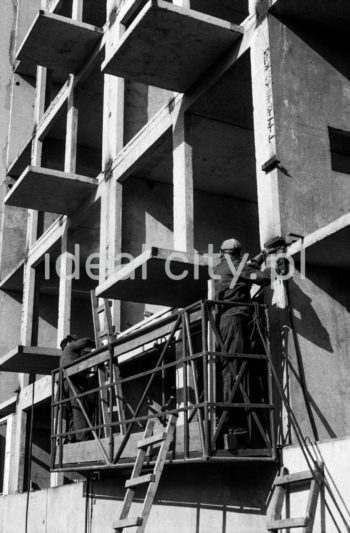 Construction of residential buildings, the first built of panels in the Domino 60 technology on the Centrum D Estate, designed by Stefan Golonka, on the A-33 (Hutnicze) Estate. 1950s.

Budowa domów mieszkalnych, pierwszych w systemie wielkopłytowym, w technologii Domino 60 na osiedlu Centrum D, proj. Stefan Golonka, na osiedlu A-33 (Hutnicze), lata 50. XX w.

Photo by Henryk Makarewicz/idealcity.pl


