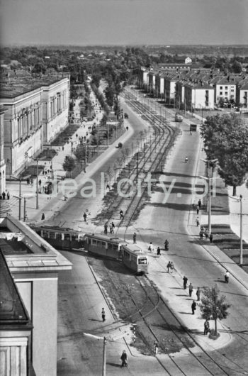 Widok od strony osiedla D-31 (Centrum D) i Placu Centralnego w kierunku alei Jana Pawła II. Po prawej stronie osiedle A-0, A-Południe (Na Skarpie), po lewej osiedle A-31 (Centrum A), II połowa lat 50.

fot. Henryk Makarewicz/idealcity.pl

