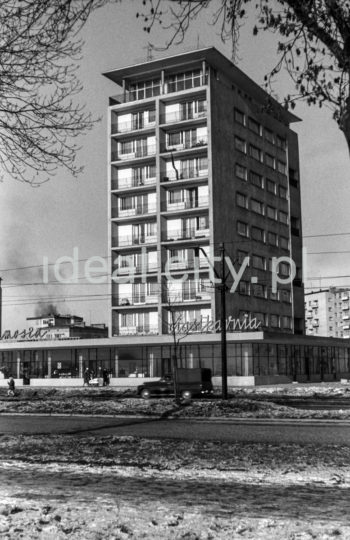 The Centrum D (D-31) Estate, view from Plan 6-letni Alley (Six-Year-Plan Alley; now Jana Pawła II Alley). Block nr 7 (now 8), nicknamed “helicopter,” designed by Kazimierz Chodorowski and Stefan Golonka. It was built in the new “post-thaw” style, close to social realist buildings in Plac Centralny. The ten-storey block was surrounded at the ground level by a glass-walled pavilion housing a variety of shops, including a sweet shop officially called Ciastkarnia Bambo. Apart from flats with big windows and loggias, it held spacious artistic studios. One of the studios was used by Henryk Makarewicz, who took this photograph and also lived there. 1960s.

Osiedle Centrum D (D-31), widok od strony alei Planu 6-letniego (obecnie aleja Jana Pawła II).  Blok nr 7 (obecnie nr 8) czyli tzw. helikopter.. Autorami projektu byli Kazimierz Chodorowski i Stefan Golonka. Został wybudowany w nowej, „poodwilżowej” formie, tuż przy socrealistycznej zabudowie placu Centralnego. Dziesięciopiętrowy punktowiec w poziomie parteru otoczony został pawilonem handlowo-usługowym o szklanej elewacji. Mieściła się w nim m.in.: cukiernia, która oficjalnie zwana była „Ciastkarnią Bambo”. Poza lokalami mieszkalnymi z dużymi oknami i loggiami, posiadał on obszerne pracownie artystyczne. W bloku tym miał pracownie i mieszkał autor fotografii Henryk Makarewicz, l. 60. XX w.

Photo by Henryk Makarewicz/idealcity.pl

