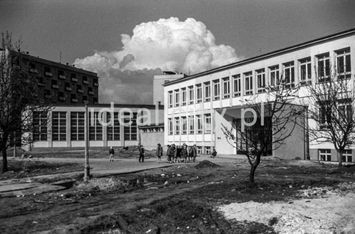 Szkoła podstawowa nr 91 na osiedlu Handlowym (D-3). Budowę rozpoczęto w 1958 roku a zakończono we wrześniu 1959 roku, kiedy to dokonano jej uroczystego otwarcia, w roku szkolnym 1959/1960 uczęszczało do niej 1200 uczniów. Pierwszym dyrektorem był Władysław Zawada. Szkoła istnieje do dzisiaj a jej patronem jest Janusz Kusociński. Szkoła była bardzo nowoczesna, posiadała 22 sale lekcyjne i 2 sale gimnastyczne, pocz.  l.60.XX w.

fot. Henryk Makarewicz/idealcity.pl
