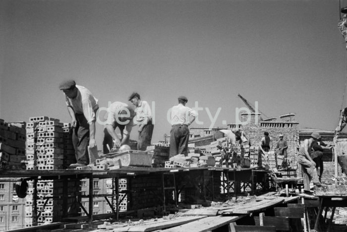 Brygada murarzy przy układaniu cegieł na budowie jednego z nowohuckich domów mieszkalnych, osiedle A-11 (Stalowe), lata 50. XXw.

fot. Wiktor Pental/idealcity.pl
