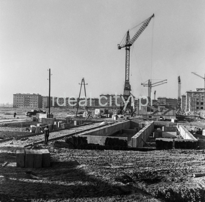 Budowa domów mieszkalnych, pierwszych w systemie wielkopłytowym na osiedlu A-33 (Hutnicze), montaż płyty na pierwszej kondygnacji, lata 50.

fot. Wiktor Pental/idealcity.pl

