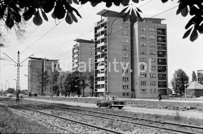 Wysokościowce na Osiedlu Kolorowym, na pierwszym planie linia tramwajowa prowadząca w kierunku Starego Miasta.