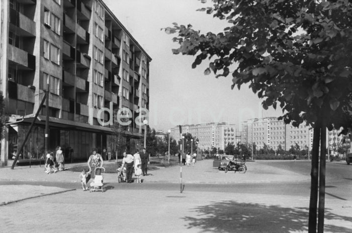 Osiedle B-32 (Szklane Domy) z modernistycznym blokiem szwedzkim, widok w kierunku osiedla A-33 (Hutniczego). Blok zaprojektowali Janusz i Marta Ingarden w 1956 roku, budowany w latach 1957-1959. Przy jego budowie nie używano cegieł, ale betonu komórkowego (na licencji szwedzkiej) Siporex. Pozwoliło to na zbudowanie loggii, gęsto ułożonych okien oraz balkonów. Do ozdobienia elewacji użyto kolorowych tynków, co wówczas należało do rzadkości. W długim na 260 metrów bloku wybudowano 272 nowoczesne i funkcjonalne mieszkania, na dole zaś umieszczono punktu usługowe (sklep motoryzacyjny, pasmanterię, drogerie i sklep nasienno-warzywniczy). Projektantami wnętrz byli Irena Pać-Zaleśna, Zdzisław Szpyrkowski i Kazimierz Syrek. Przełom lat 50 i 60., lub początek lat 60.

fot. Henryk Makarewicz/idealcity.pl

