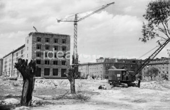 Widok od strony osiedla B-33 (Słoneczne) w kierunku budowanego bloku mieszkalnego (po lewej stronie) na osiedlu C-33 (Urocze) oraz zabudowy osiedla C-2 Południe (Górali), od strony alei Róż, lata 50.

fot. Wiktor Pental/idealcity.pl
