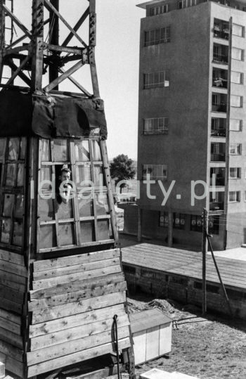 Operator w kabinie dźwigu na budowie domu na osiedlu D-3 (Handlowe), w tle widoczny dziewięciopiętrowy punktowiec, tzw. „helikopter”, zbudowany w okresie poodwilżowym na osiedlu D-31 (Centrum D), według projektu Kazimierza Chodorowskiego i Stefana Golonki, początek lat 60, prawdopodobnie 1962 rok.


fot. Wiktor Pental/idealcity.pl

