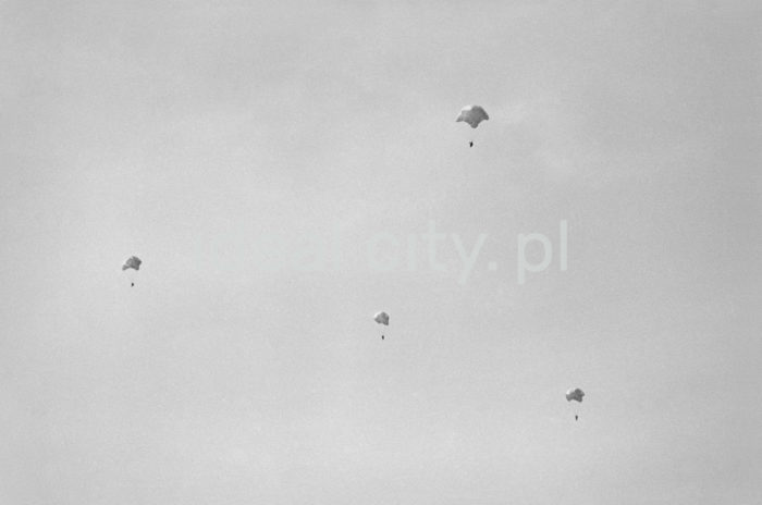 Parachute display in Pobiednik outside Kraków. 1950s.

Pokazy spadochroniarskie w podkrakowskim Pobiedniku. Lata 50. XX w.

Photo by Wiktor Pental/idealcity.pl
