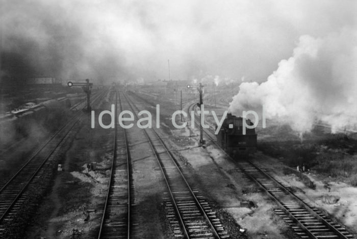 Lenin Metallurgical Combine, locomotives at Engine House, Lenin Steelworks. 1960s.
The basic mode of transport at the Lenin Steelworks was by rail. There were four transport sections before 1970, including transfer/carriage services and traction services. The combine had more than ten train stations for the transfer of cargo and railway carriages. The first Engine House was built in 1952 and housed 40 locomotives.

Kombinat metalurgiczny im. Lenina, parowozy na terenie Parowozowni Huty im. Lenina, lata 60.
Podstawowym środkiem przewozu w Hucie im. Lenina był transport kolejowy. Do 1970 roku zajmowały się tym cztery wydziały przewozowe, w skład których wchodziły służby przewozowo-wagonowe oraz służby trakcyjne. Wewnątrz kombinatu znajdowało się kilkanaście stacji kolejowych, przez które odbywał się przepływ ładunków i wagonów kolejowych. Pierwsza Parowozownia dla 40 parowozów powstała w 1952 roku.

Photo by Henryk Makarewicz/idealcity.pl

