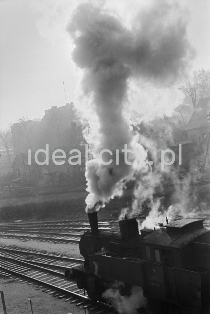 Lenin Metallurgical Combine, locomotives at Engine House, Lenin Steelworks. 1960s. The basic mode of transport at the Lenin Steelworks was by rail. There were four transport sections before 1970, including transfer/carriage services and traction services. The combine had more than ten train stations for the transfer of cargo and railway carriages. The first Engine House was built in 1952 and housed 40 locomotives.

Kombinat metalurgiczny im. Lenina, parowozy na terenie Parowozowni Huty im. Lenina, lata 60. Podstawowym środkiem przewozu w Hucie im. Lenina był transport kolejowy. Do 1970 roku zajmowały się tym cztery wydziały przewozowe, w skład których wchodziły służby przewozowo-wagonowe oraz służby trakcyjne. Wewnątrz kombinatu znajdowało się kilkanaście stacji kolejowych, przez które odbywał się przepływ ładunków i wagonów kolejowych. Pierwsza Parowozownia dla 40 parowozów powstała w 1952 roku.

Photo by Henryk Makarewicz/idealcity.pl