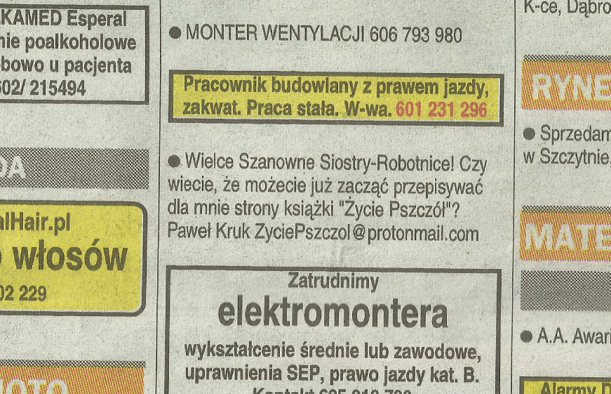 an advert on an newspaper page trough which artist Pawel Kruk invites to re-write social models