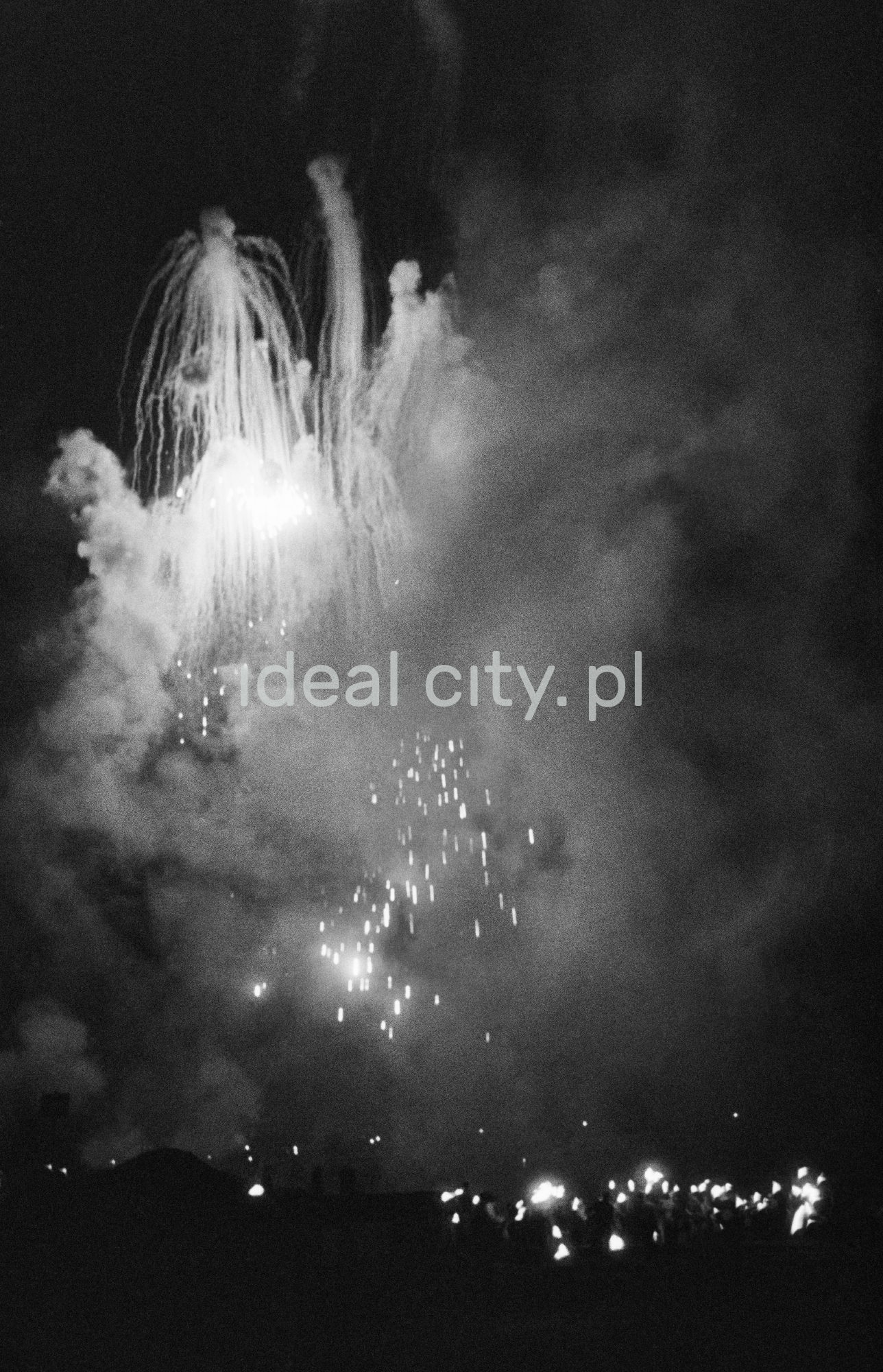 Tłum obserwuje nocą pokaz fajerwerków.