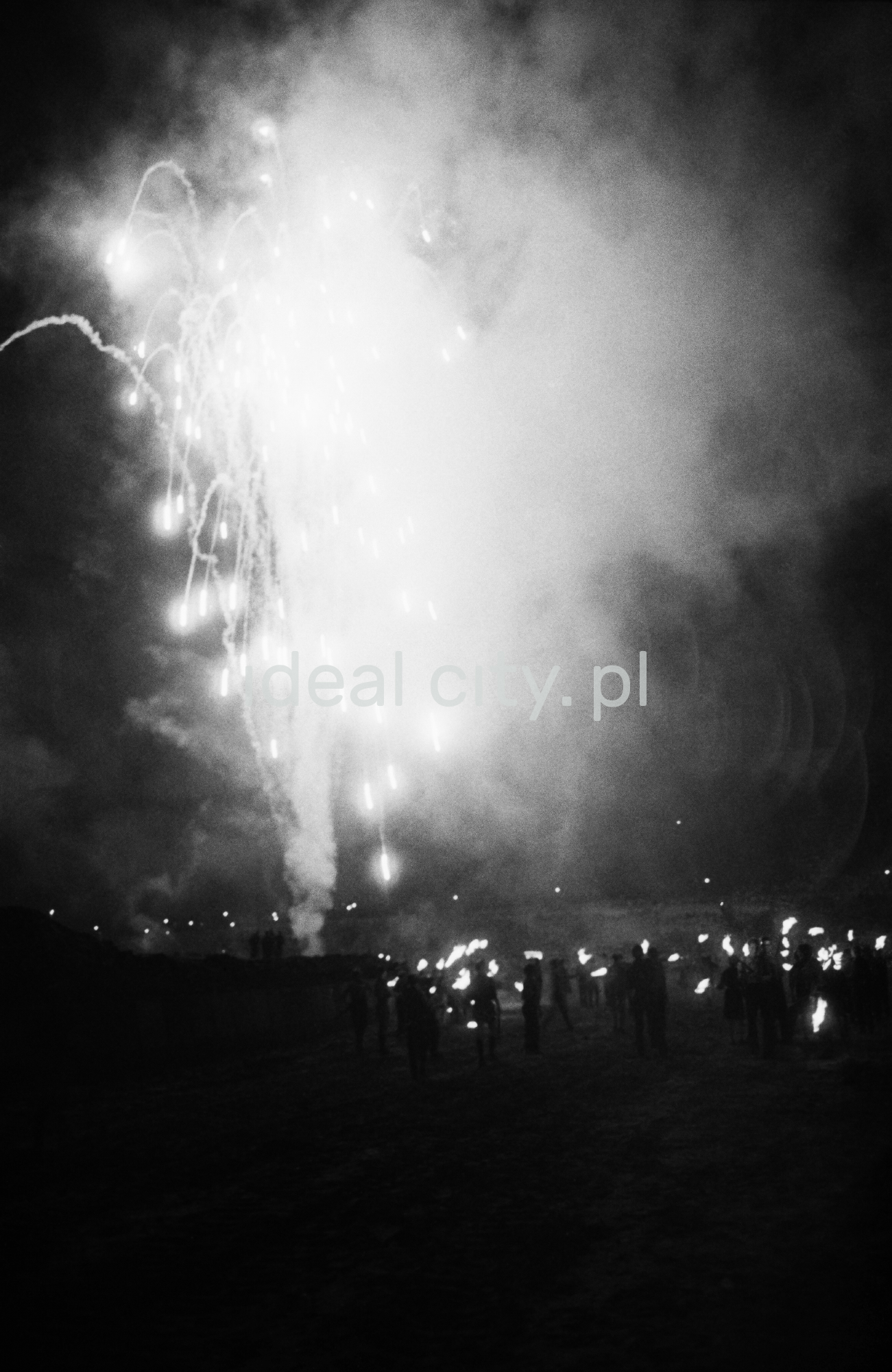 Tłum obserwuje nocą pokaz fajerwerków.